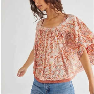 Free People Printed Sunsetter Top Flowy Orange Blouse